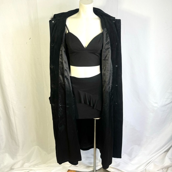 VERNISSAGE VINTAGE BLACK LEATHER TRENCH COAT WINTER COAT WITH FAUX FUR LARGE - Picture 12 of 17
